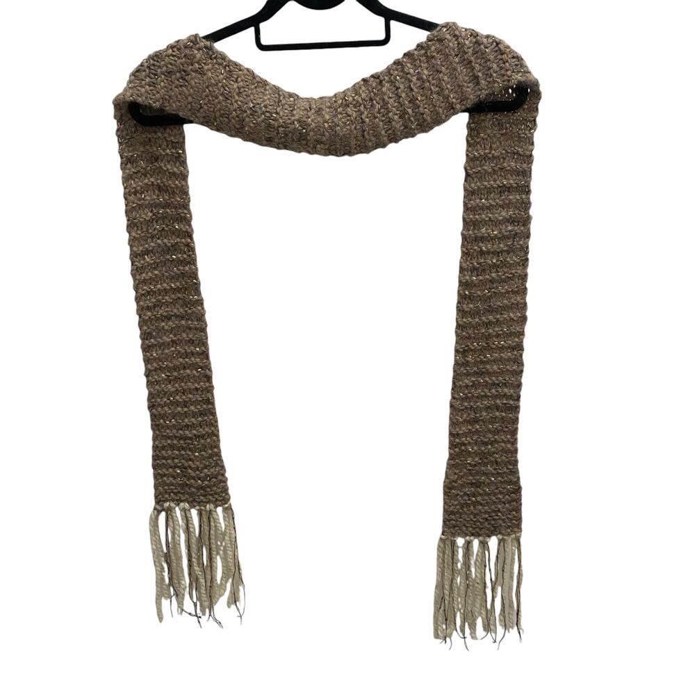 Women's Handmade Knitted Scarf Brown with Cream and Golden Fringes